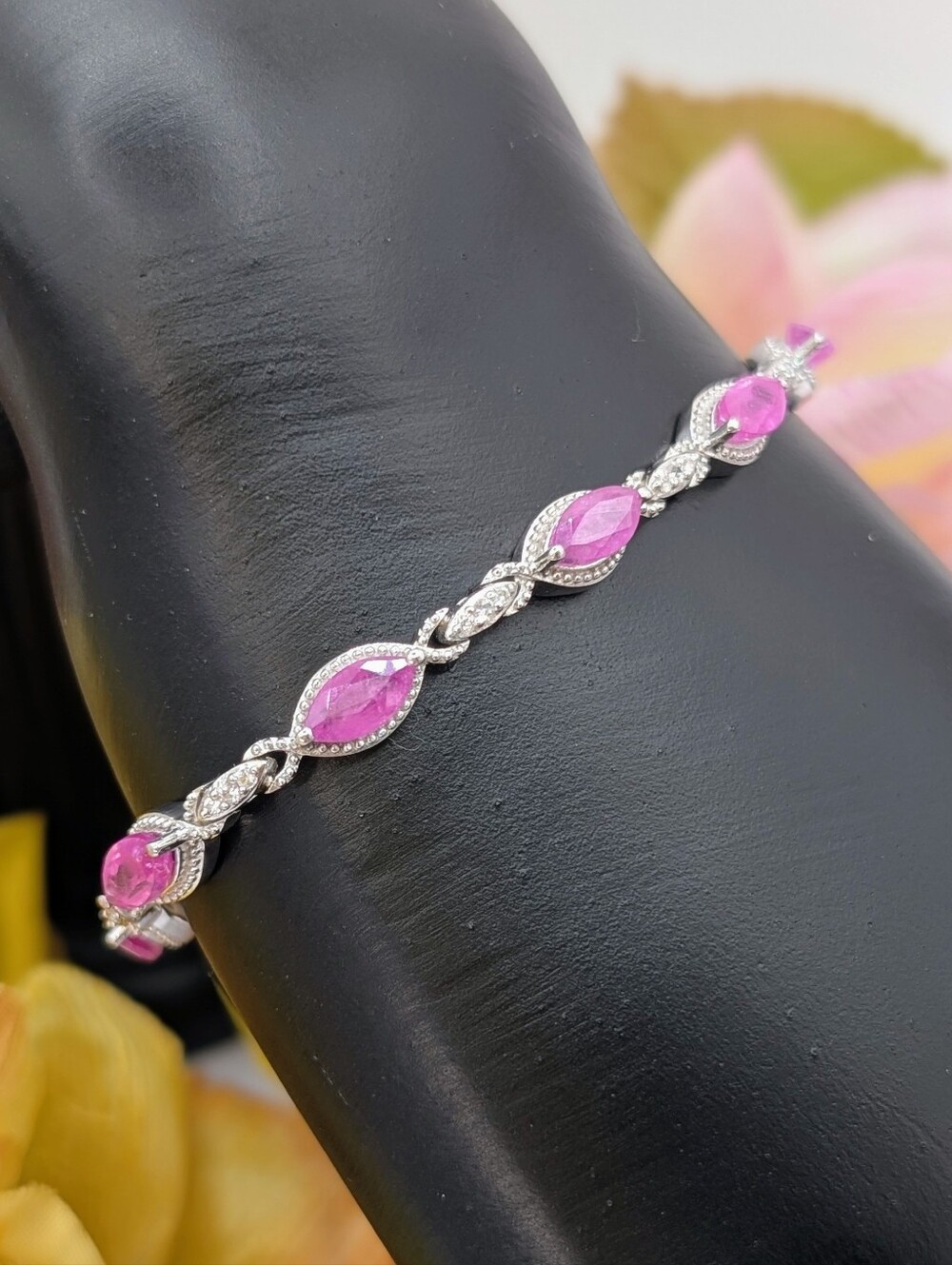 7.75ctw Mozambique Pink Sapphire & Zircon Rhodium Plated 925 Silver Bracelet